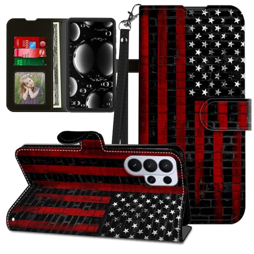 BREIDMKFM for Samsung Galaxy S26 Ultra Case with Kickstand & Card Holder & Wrist Strap Flip Folio Leather Cute Wallet Magnetic Rugged Heavy Duty Protective,Black American Flag