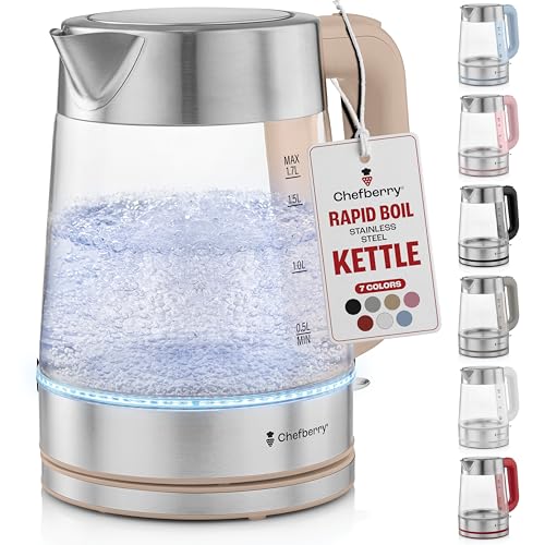 Hervidor eléctrico para hervir té caliente y agua, caldera de vidrio de borosilicato de acero inoxidable de 1,8 L sin plástico, apagado automático, sin BPA, tecnología de calentamiento rápido (crema)