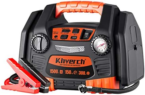 Kinverch Portable Power Station Jump Starter 1500 Peak/750 Instant Amps with 300W Inverter,150 PSI Air Compressor