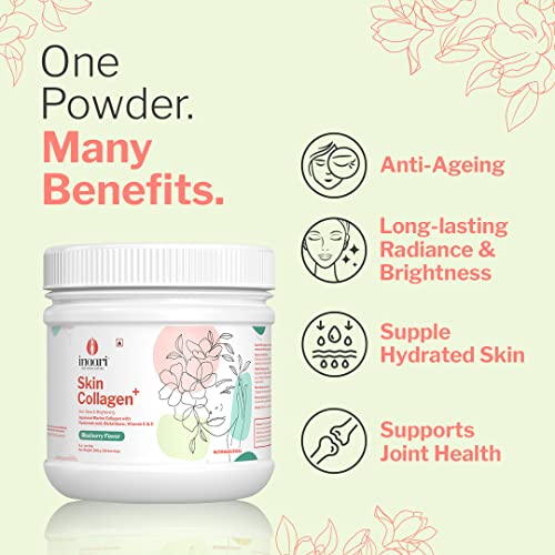 Image of Inaari Collagen Supplements For Women | Marine Collagen Type 1 and 3 Japanese Powder | Contains Glutathione, Vitamin C & E For Glowing Skin | Blueberry Flavor | 200 g