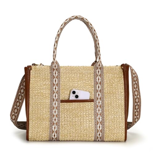 Image of Herald Straw Beach Tote Bag for Women, Summer Boho Handmade Woven Shoulder Purse Handabg with Adjustable Wide Strap