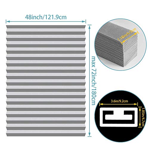 SEEYE Light Filtering Temporary Blinds Cordless Shades Fabric Pleated Fabric Shade Easy to Cut and Install, 48\" W x 72\" L - 2 Pack, Grey, with 4 Clips