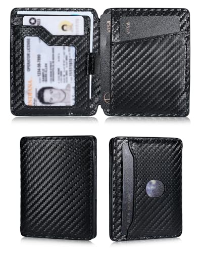 Slim Wallet for Men | Rfid Blocking Bifold Minimalist Front Pocket Wallets | Compact Full Grain Leather ID Credit Card Wallet | Magnetic Closure | Ultra Thin (Carbon Fiber Black)