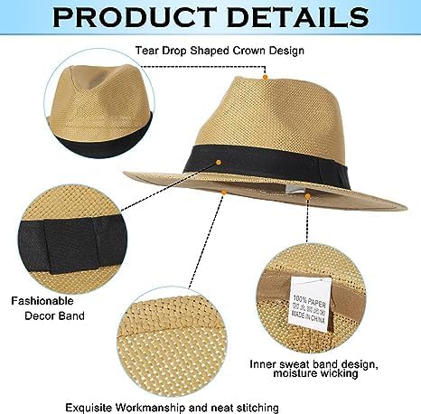 Chapéu Panamá Clássico, Palha Natural com Faixa Preta, Design Teardrop