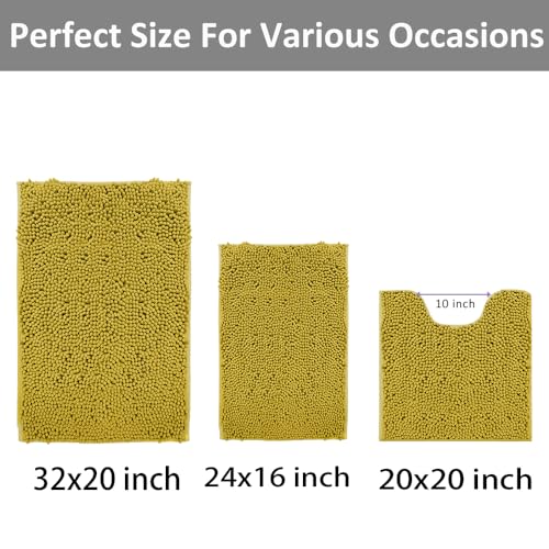 Image of RUN HELIX Bathroom Rugs Sets 3pcs Extra Soft Chenille Mats Non Slip Bath Mat,Absorbent Shaggy Perfect Plush with U-Shaped Toilet Rug,Bathroom Carpets , Golden Yellow, 16〞x24〞&20〞x32〞&20〞x20〞U Shape