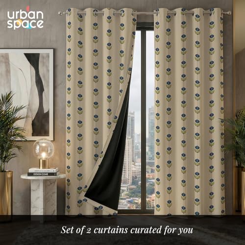 Image of Urban Space 100% Blackout Window Curtains 5 Feet Long Set of 2 | Printed Blackout Curtain | Thermal Insulated Curtains for Living Room, Bedroom Decor, Tieback Included (Lotus Trail, 5 Feet)