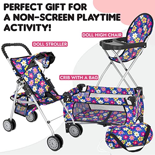 Fash N Kolor Doll 3 Piece Play Set Baby Doll Accessories - Includes, 1 Pack N Play. 2 Doll Stroller. 3 Doll High Chair. Fits Up To 18'' Doll (Flower) #TOP4