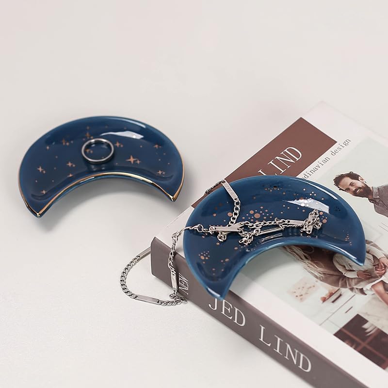 [Grkoo] 月型セラミックジュエリートレイ 卓上収納トレイ ホームデコレーショントレイ (ブルー、ブラック、ホワイト［4個］)