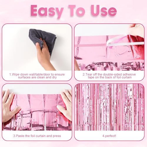Image of Voircoloria 2 Pack Light Pink Foil Fringe Backdrop Curtains, Tinsel Streamers Birthday Party Decorations, Fringe Backdrop for Valentines Day Decorations, Disco Party, Princess Pink Bow Party