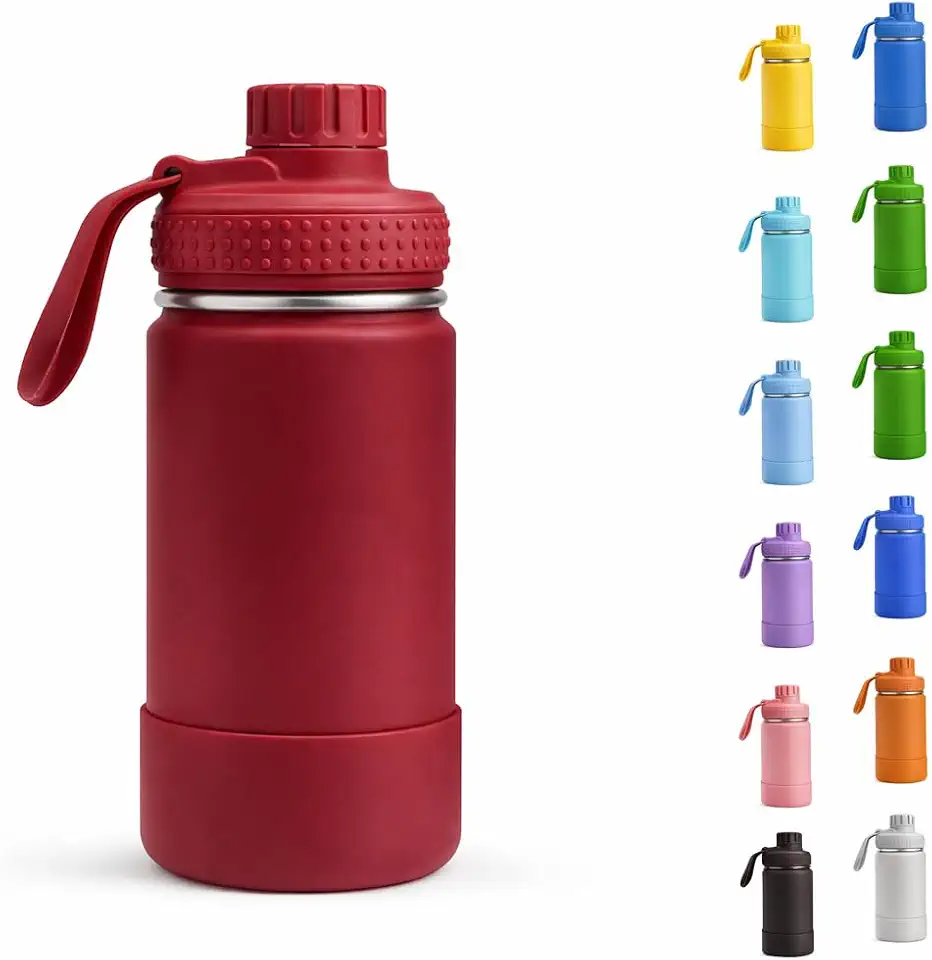 Garrafa Infantil Térmica - 350ml, Aço Inox 304, Parede Dupla de Isolamento 24horas Gelado, Tampa Rosca De Segurança, Anti Vazamento, Base Silicone AntiDerrapante, BPA Free (Vermelho)