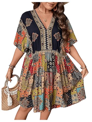 MakeMeChic Women's Plus Size Boho Dress Half Sleeve Flowy Sundress V Neck Summer Short Dresses