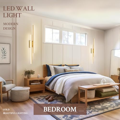 Image of LED Wall Sconce Set of 2 Gold Remote Modern LED Vanity Lights Set of 2 Indoor Wall Light Fixtures for Living Room, Dimmable Wall Sconce for Bedside Bedroom Bathroom, L31.5inch 2 Pack
