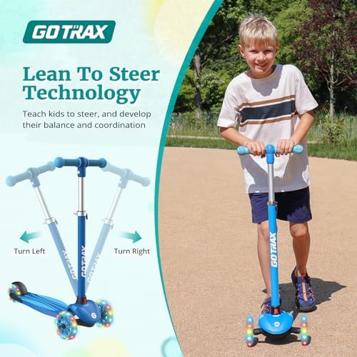 Gotrax KS1 Kids Kick Scooter, LED Lighted Wheels and 3 Adjustable Height Handlebars, Lean-to-Steer & Widen Anti-Slip Deck, 3 Wheel Scooter for Boys & Girls Ages 2-8 and up to 100 Lbs (Blue) - 2