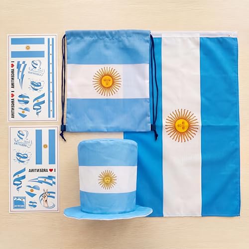 World Cup Soccer Fan Set 4PCS, Backpack Storage Bag, Hat, Temporary Tattoo Stickers, National Flag,Argentina Football Kit for Match Viewing (Argentina)