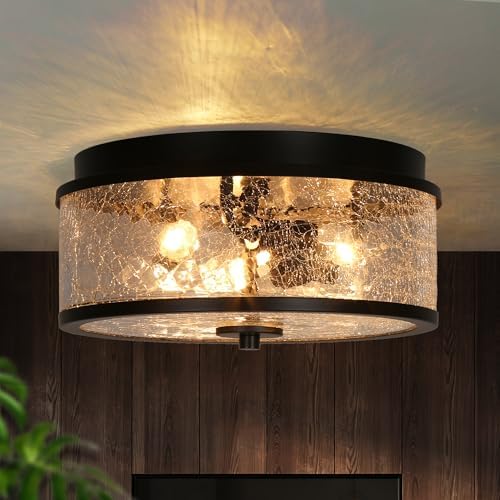 KSANA Black Flush Mount Ceiling Light, Modern Farmhouse 3-Light Close to Ceiling Light Fixtures with Crackled Glass Shade for Bedroom, Hallway, Foyer, Kitchen and Dining Room