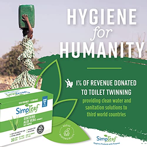 Simpleaf Flushable Wipes Travel Size - Eco-Friendly, Paraben & Alcohol Free - Hypoallergenic & Safe For Sensitive Skin - Aloe Vera Single Pack Wet Wipes (1 X 30 Count) Pack #TOP6