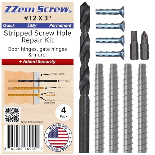 4-Pack #12 x 3 Inch Permanent Stripped Door Hinge Repair