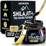 Shilajit+ Movezen, Résine de Shilajit Pure Naturelle 30 g, +75% Acide Fulvique, Himalaya 5000 m, 85 Minéraux & Oligo Éléments, Analysé Eurofins France, Sans Additif, 600 mg, 50 Jours, Halal, Cuillère