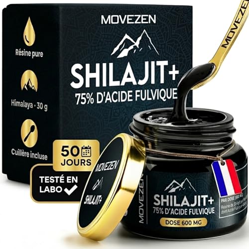Shilajit+ Movezen, Résine de Shilajit Pure Naturelle 30 g, +75% Acide Fulvique, Himalaya 5000 m, 85 Minéraux & Oligo-Éléments, Analysé Eurofins France, Sans Additif, 600 mg, 50 Jours, Halal, Cuillère