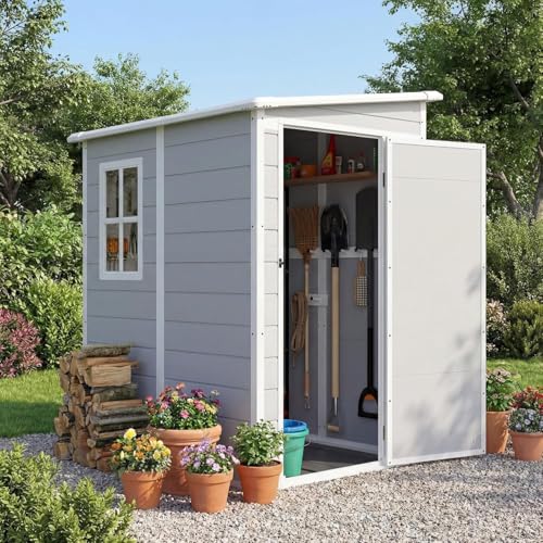Image of Devoko 5 x 4 FT Plastic Outdoor Storage Shed with Floor, Light Grey | Waterproof Resin Tool Shed with Window, Outside Garden Shed with Lockable Door for Patio, Lawn, Backyard, Poolside