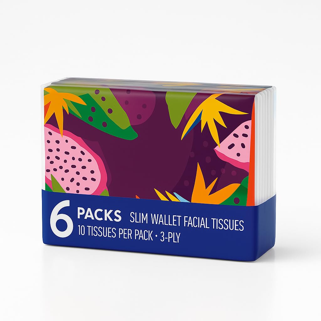 Slim Wallet Facial Tissues, 6 Portable Packs with 10 Sheets Each, Soft 3-Ply Wallet Tissues for Travel, Office, Home, Bags and On-the-Go Use