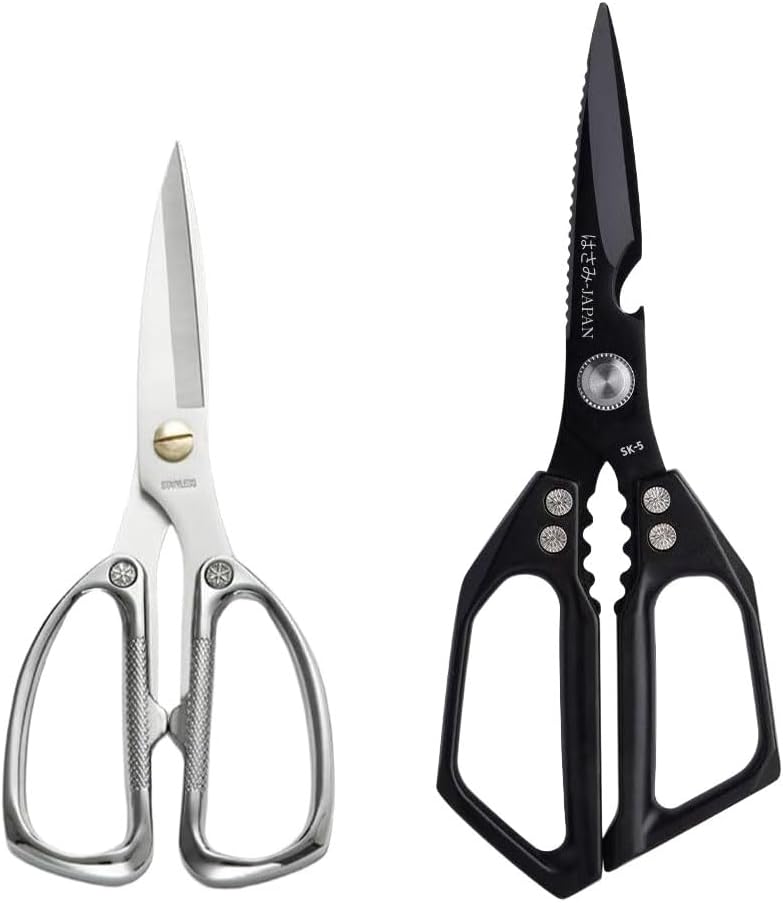 Metal Kitchen Scissors Set - 2 Packs Durable Household Craft Stainless Steel Ultra Sharp Shears All Purpose All Metal Scissors for Chicken Poultry Meat Fish Herbs & BBQ (Black L+ Silver M)