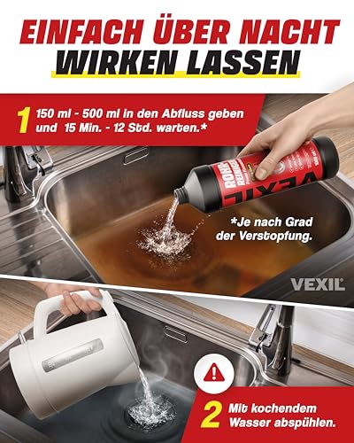 VEXIL Rohrreiniger - Profi Abflussreiniger EXTRA STARK für Extremfälle - 1L Power Konzentrat löst hartnäckigste Verstopfungen wie Haare, Seifenreste, Fette - biologisch abbaubar - Made in Germany