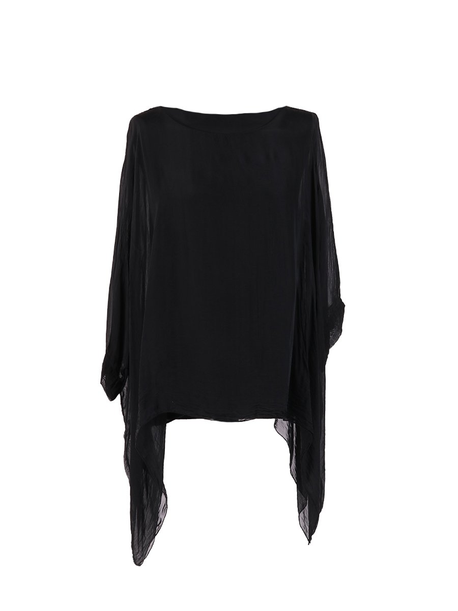 Lushstyleuk Women's Black New Italian Plain Batwing Silk Tunic Top Lagenlook Top Plus Sizes (Black)