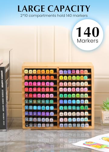 Image of Bamboo Marker Organizer for Desk, Marker Storage Organizer for 140 Markers,Pens, Pencils and Art Brushes,Wooden marker holder for Home, Classroom and Office Decor,Bamboo
