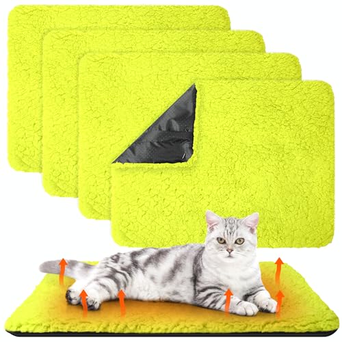 Drydiet 4 Pack Self Warming Cat Pads Self Heating Cat Mat Washable Homeless Dogs Thermal Pads Kennel Pad Reflects Body Heat Warm Crate Bed Mat for Indoor Outdoor Pet(Fluorescent Green,16 x 20 Inch)