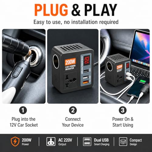 Image of Fire Turtle 200W Car Power Inverter with 2 USB Ports (18W & 15W QC3.0), 1 USB-C 30W PD, 2 AC Universal Outlets 12V DC to 220V AC Converter for Laptop, Phone, Electronics Charging (Plug Car Charger)