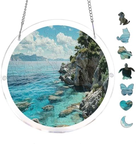 Jigsaw Puzzle Acrylic Suncatcher Stony Beach Landscape (2) 83 Pieces Window Hanging Suncatcher Acrylic Puzzle for Adults, DIY Sun Catcher Puzzle Home Decor for Women Men Mom 7.4 Inch