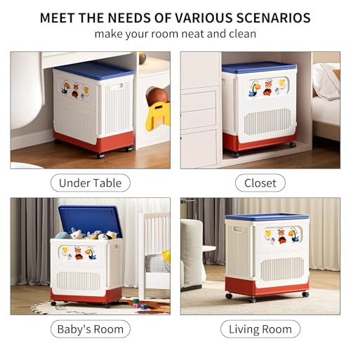 Image of HAIXIN HOME 60L Cute Laundry Hamper, Slim Rolling Laundry Hamper with Lid, Dirty Clothes Hamper Cart with Handle for Bedroom, Bathroom, Closet, Dorm, Blue Lid, White Body and Red Base - Tricolor