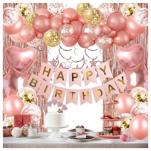 Geburtstags dekorationen, Happy Birthday Banner, Rosagoldener Fransenvorhang, Herz Stern Folienkonfetti Ballons, hängende Wirbel für Frauen und Mädchen zum Geburtstag, Prinzessinnenparty