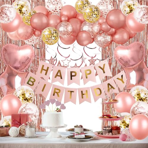 Geburtstags dekorationen, Happy Birthday Banner, Rosagoldener Fransenvorhang, Herz Stern Folienkonfetti Ballons, hängende Wirbel für Frauen und Mädchen zum Geburtstag, Prinzessinnenparty