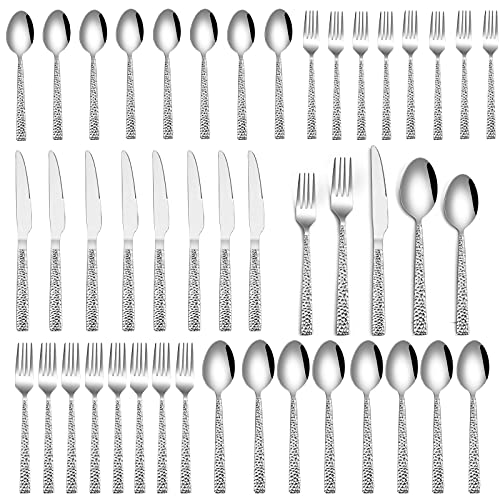 Image of HaWare Hammered Silverware Set, 40-Piece Stainless Steel Flatware for 8, Eating Utensils Tableware Cutlery for Kitchen Hotel Restaurant Party, Mirror Polished - Dishwasher Safe