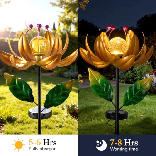 Image of Garden Decor for Outside Solar Wind Spinners for Yard-Metal Lotus Flower Windmills LED Crackle Glass Globe Outdoor Garden Decor Yard Art Lawn Ornament