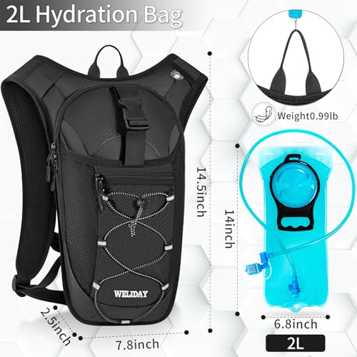 WELIDAY Hydration Backpack with 2L Leak Proof Water Bladder, Lightweight Hydro Water Daypack for Rave, Cycling, Running, Hiking, Climbing (Black, 2L Water Bladder)