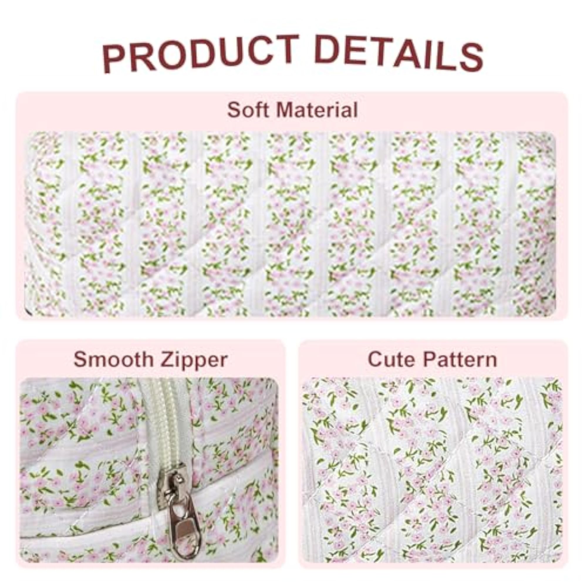 Quilted Makeup Bag, Floral Cotton Travel Toiletry Pouch