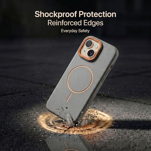Image of amazon basics Luxury MagSafe Compatible Leather Texture Back Cover for iPhone 13 | Raised Camera Protection | Slim Fit Shockproof Case with Metallic Accents (Gray)