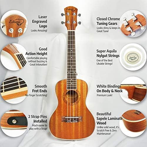 Ukulele Concert Size Bundle By Lohanu (LU-C) All Accessories Included  2 Strap Pins Installed Nylon Strap Padded Case Tuner Leather & Plastic Picks Ukelele Hanger Aquila Strings Free Video Lessons!