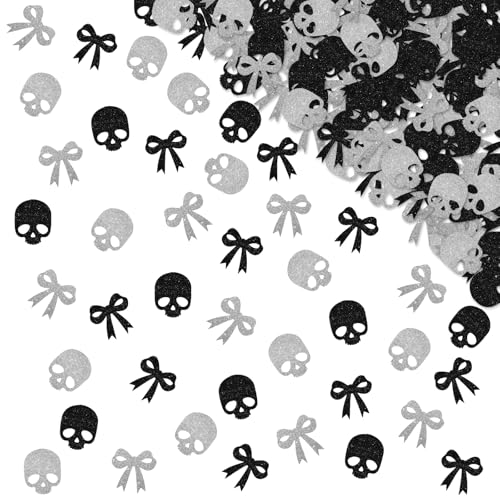 120pcs Black Bow Skull Confetti, Gothic Birthday Table Confetti, Black&Silver Glitter Coquette Skeleton Table Scatter for Women, Gothic Bridal Shower/Bach Party Decoration