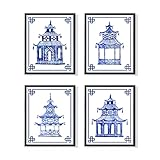 Blue and White Chinoiserie Wall Art - China Pavilion Wall Decor - Blue Watercolor Picture Print - Chinese Oriental Ornament - Classic Asian Japanese Decor - Chinese Art for Kitchen Bathroom - Set of 4
