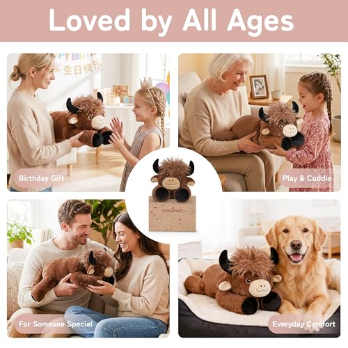 Image of Niuniu Daddy Highland Cow Weighted Stuffed Animals, 20 Inch 3.3 lbs Weighted Plushies, Heavy Calming Body Pillow for Sleeping, Sensory Lying Lap Pad Toy Huggable Gift for Kids and Adults