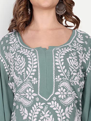 Image of indiankala4u Women's Hand Embroidered Chikankari Kurta for Women | Modal Cotton Straight Kurti | Lucknowi Chikan Work Ethnic Kurta | Full Sleeve Festive Office Wear