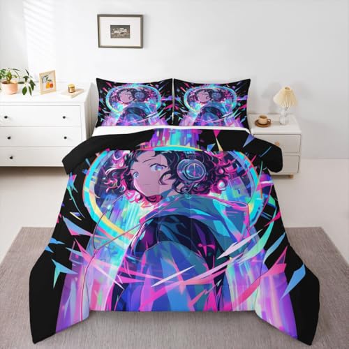 Image of Erosebridal 3D Anime Girl Bedding Comforter Sets American Street Culture Comforter Set Full for Teens Youth Girls Watercolor Graffiti Style Bedding Galaxy Stars Print Duvet Set with 2 Pillow Cases