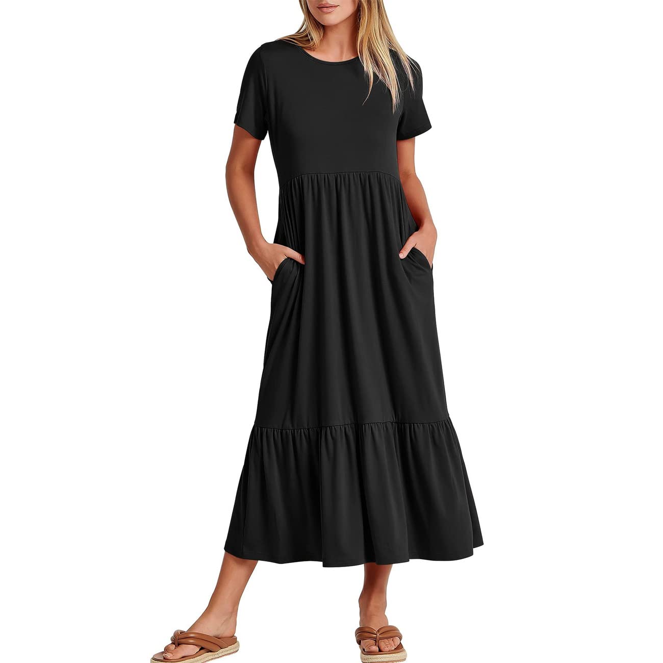 KOEMCY Vestido Mujer Manga Corta Falda Larga T-Shirt Cuello Redondo Blusa Verano para Mujer Vestidos con Bolsillos Vestido de Playa