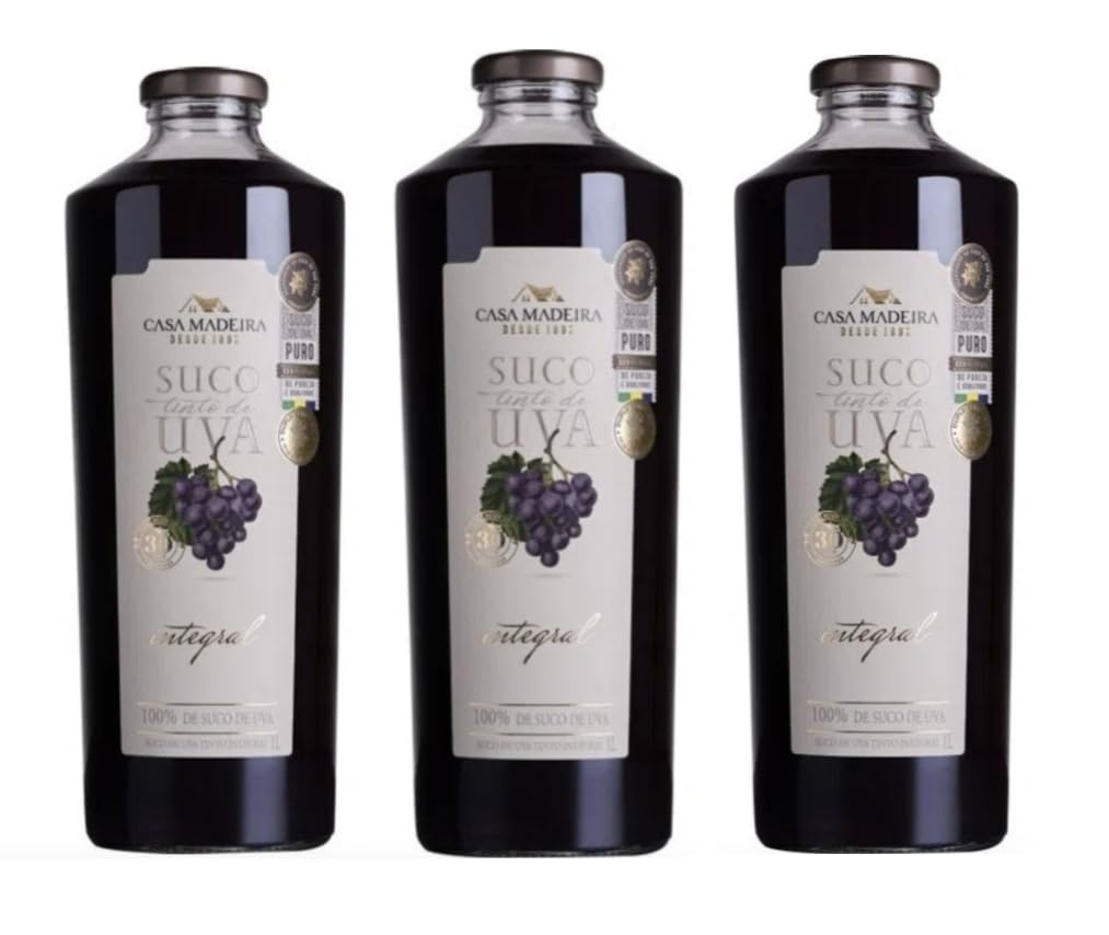 Suco Tinto de Uva Casa Madeira 1L | Pack of 3x1L | 100% Brazilian Grape Juice + Silicone Bracelet Souvenir | Brazil in Texas