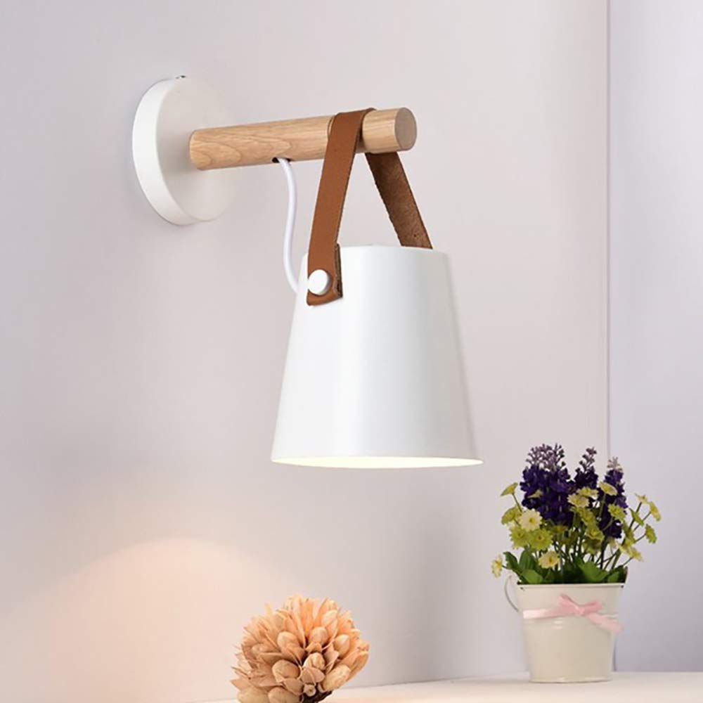 Mengjay White Wall Light Sconce Modern Wooden Leather Decorative Led Wall Lamps E27 Base Lighting Fixture For Living Room Bedroom Bedside Study Porch Aisle Corridor (White)