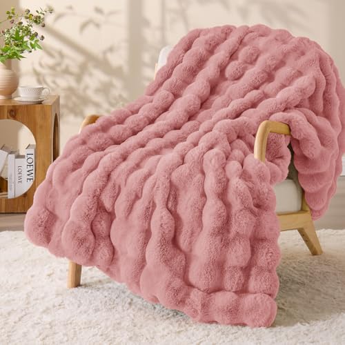 Image of BEDELITE Faux Fur Throw Bubble Blanket for Couch, 60 inch x 80 inch, Dusty Pink | 870GSM Soft Cozy Plush Blanket for Sofa & Bed Living Room Decor, Warm Fuzzy Faux Rabbit Fur for Women Gift, All Season Use